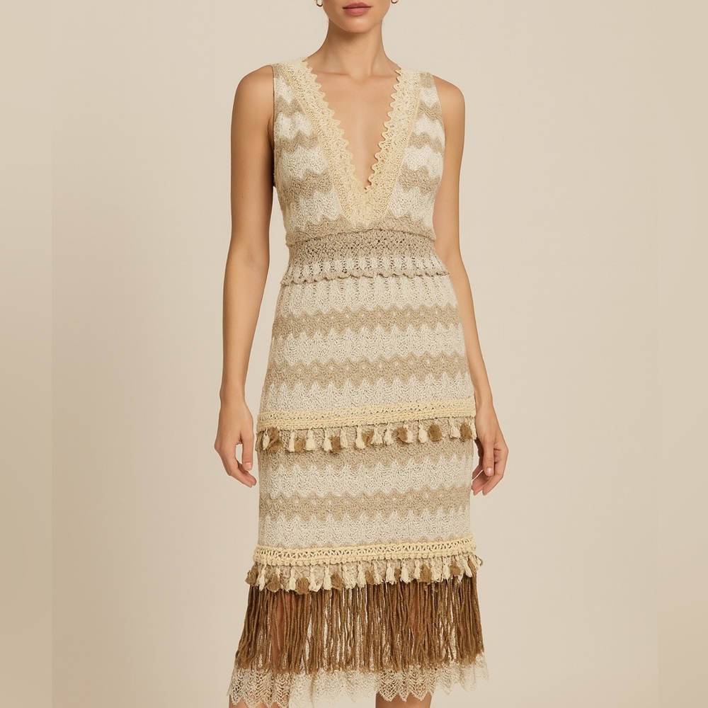 Sleeveless V-Neck Midi Dress in Cream and Brown